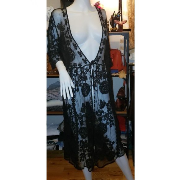 black lace crochet mesh long duster cardigan kimono - Picture 1 of 7
